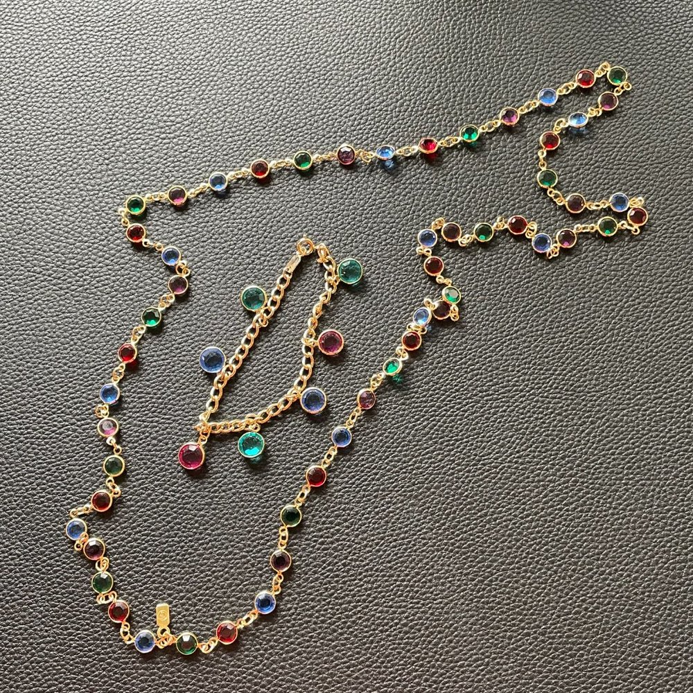 chain necklace and bracelet set with multi-colored rhinestones
